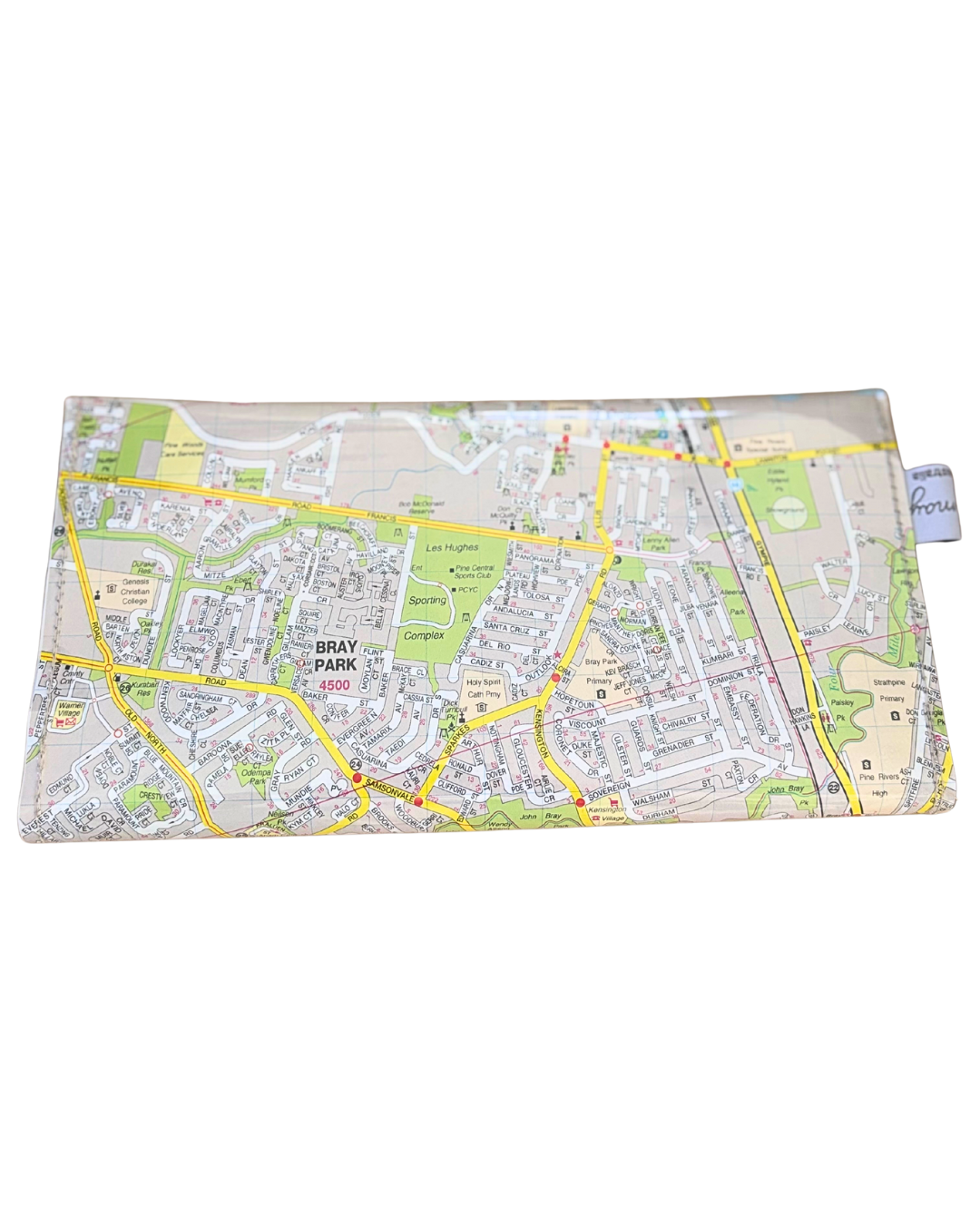 Map-patterned fabric pouch on a white background