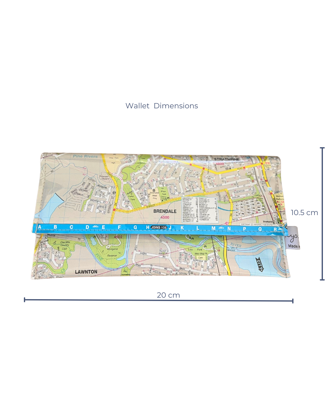 Map wallet with dimensions indicated by a ruler on a white background