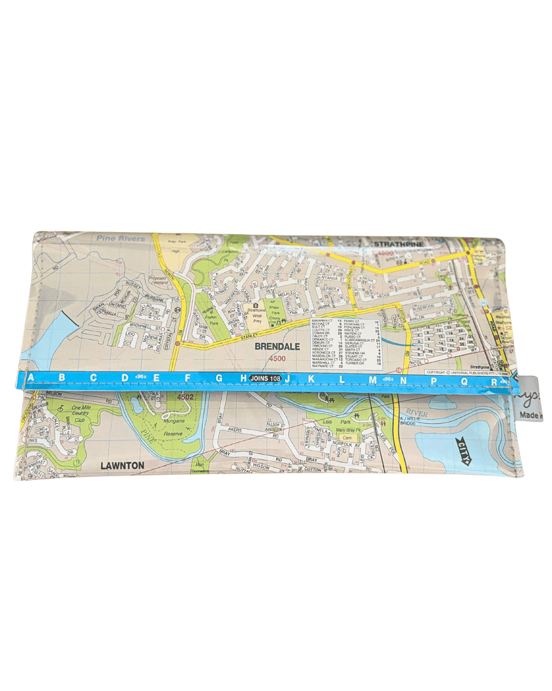 Recycled Street Map Wallet featuring Brisbane suburbs Strathpine, Brendale, Bray Park, Petrie, Lawnton made from 2009 UBD map pages