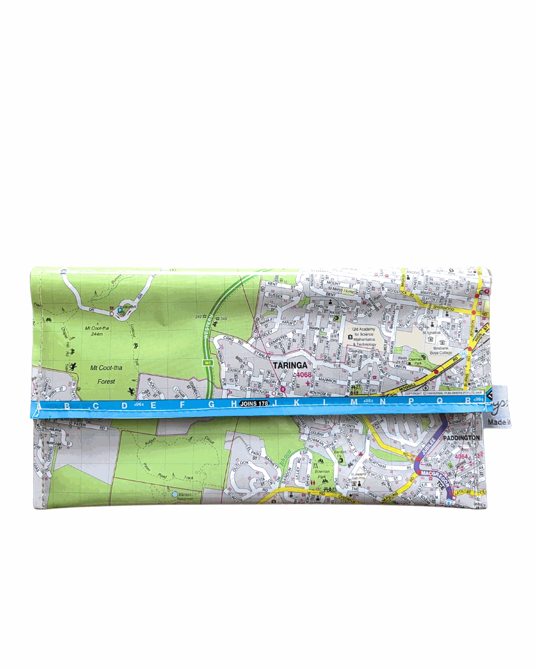 Recycled Street Map Wallet featuring Brisbane suburbs Taringa, Ashgrove, and Mount Coot-tha with magnetic closure