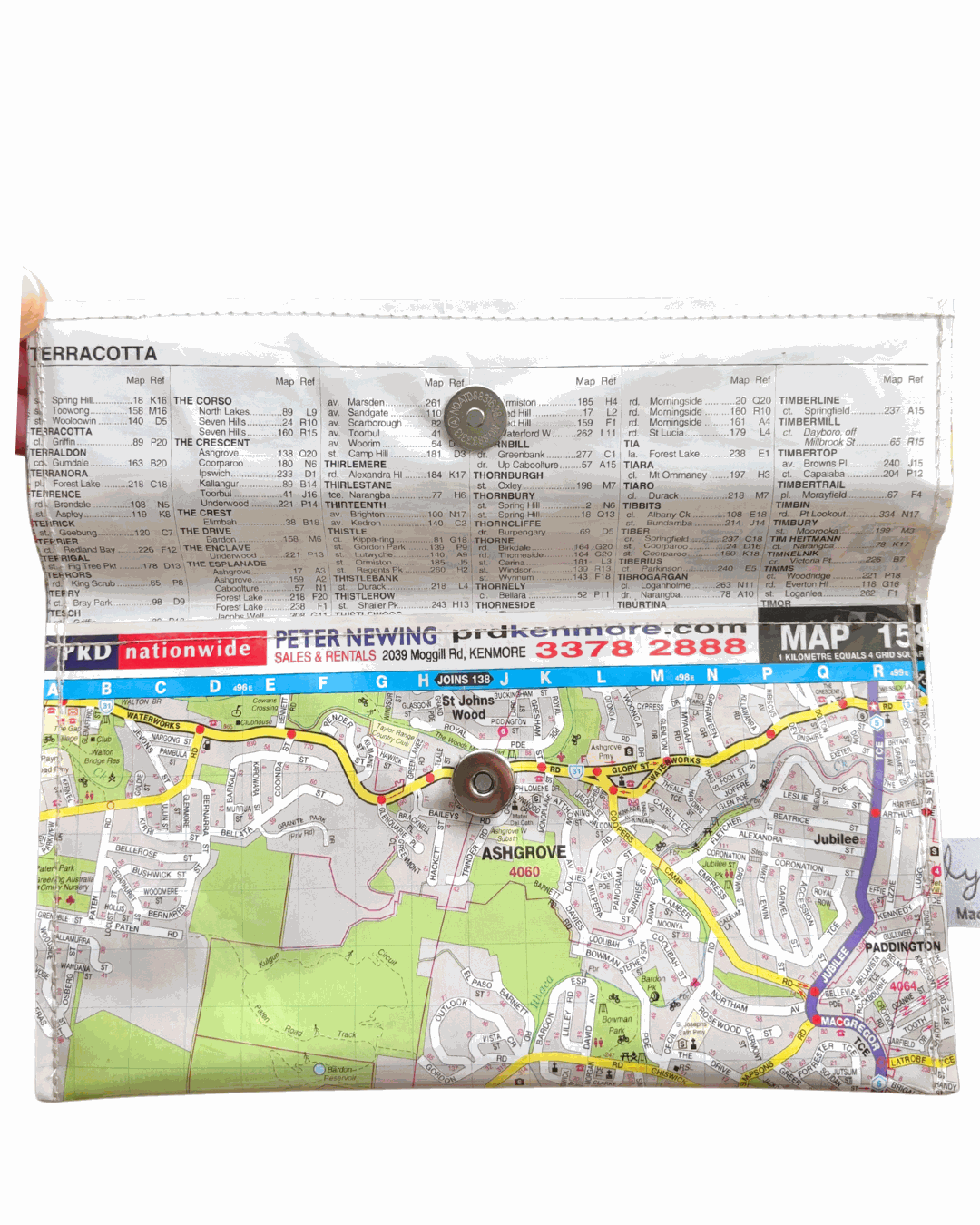 Map pouch with a map design on a white background