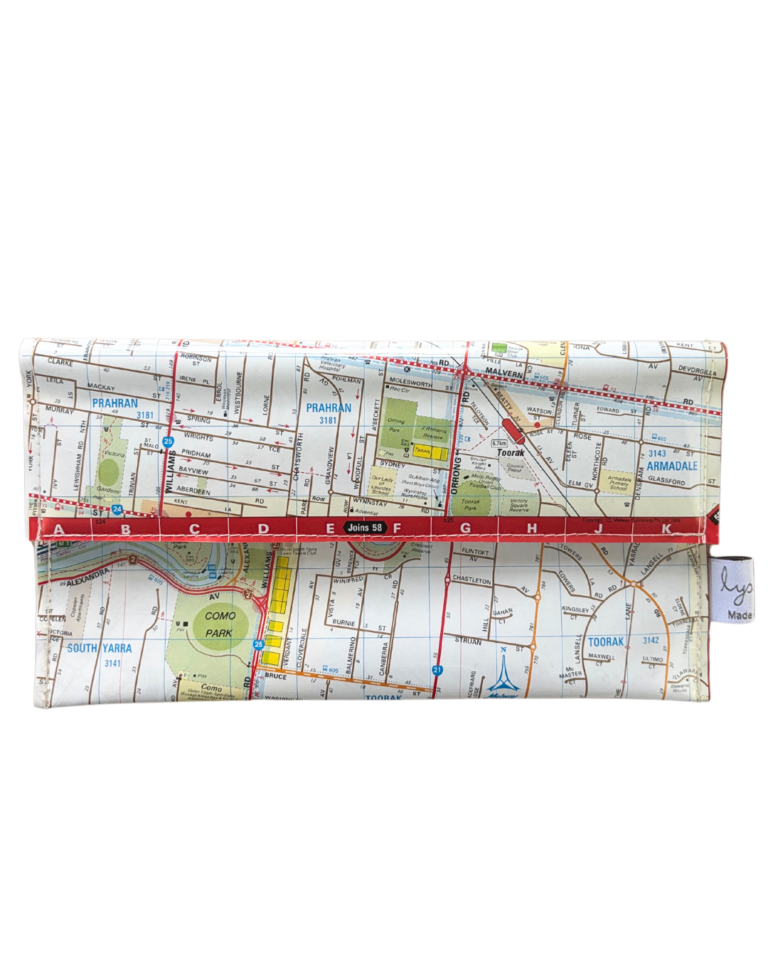 Recycled Street Map Wallet - Lyssy May Handmade Wallet recycled map of Prahran, Toorak, Armadale, South Yarra