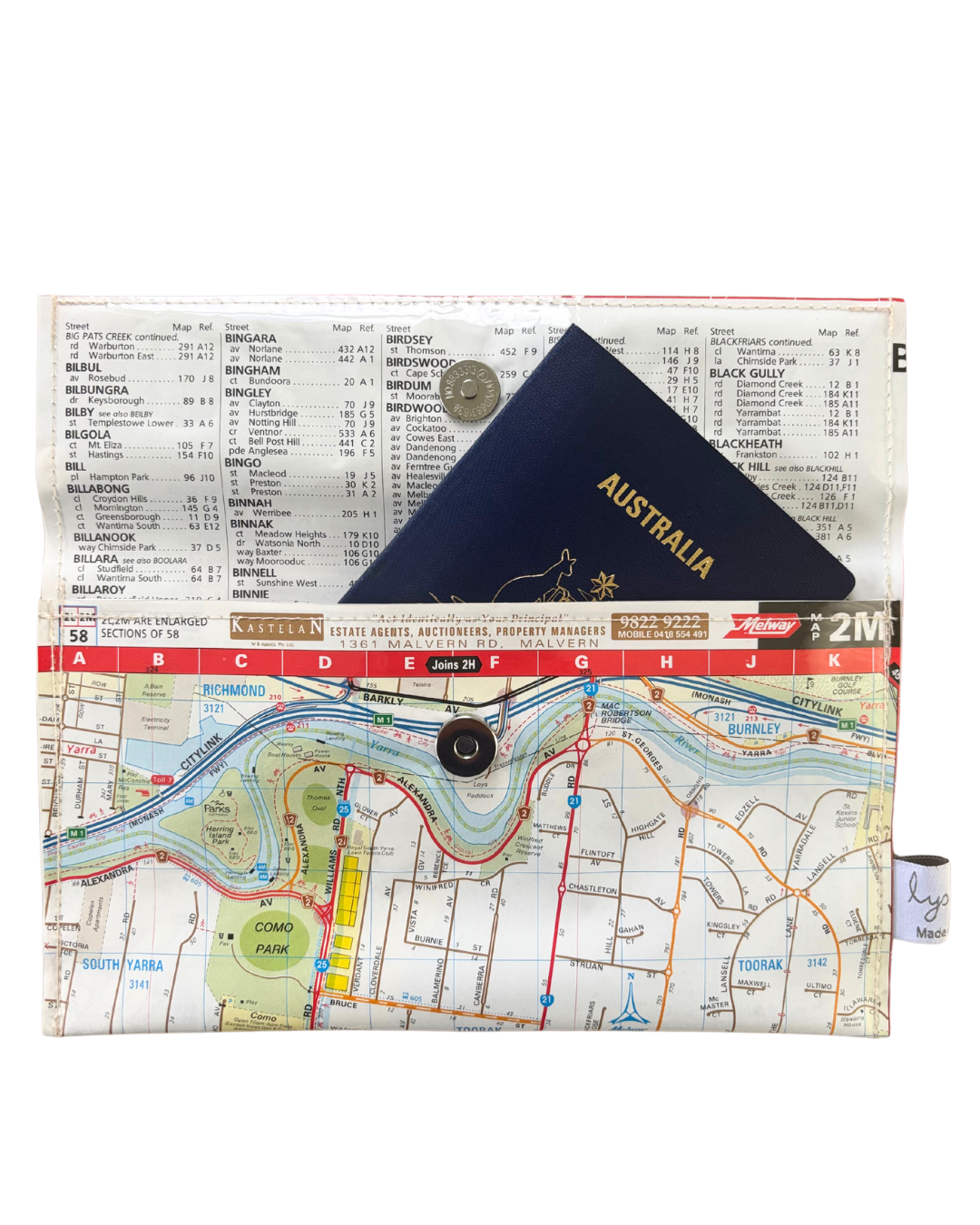 Recycled Street Map Wallet - Lyssy May Handmade Wallet recycled map of Prahran, Toorak, Armadale, South Yarra