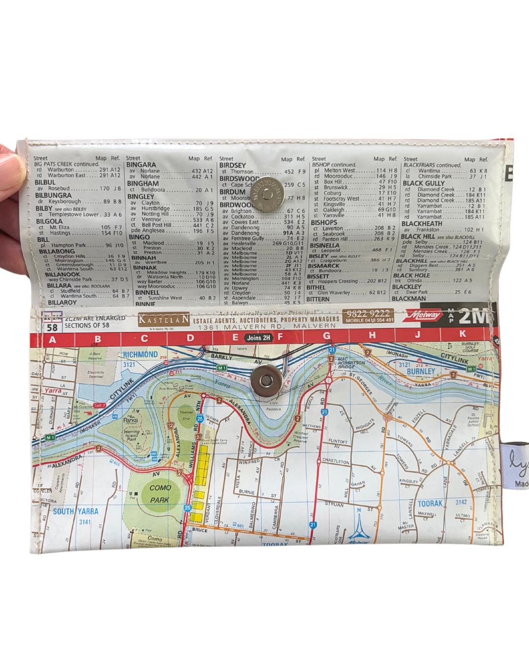 Recycled Street Map Wallet - Lyssy May Handmade Wallet recycled map of Prahran, Toorak, Armadale, South Yarra