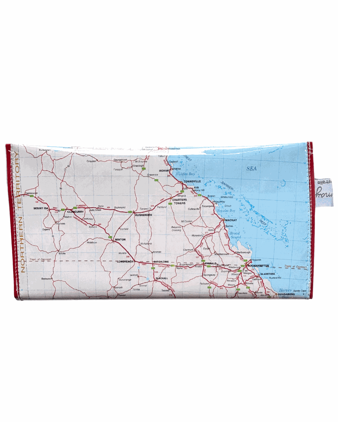 Lyssy May recycled map wallet of Queenslands. back view of wallet.