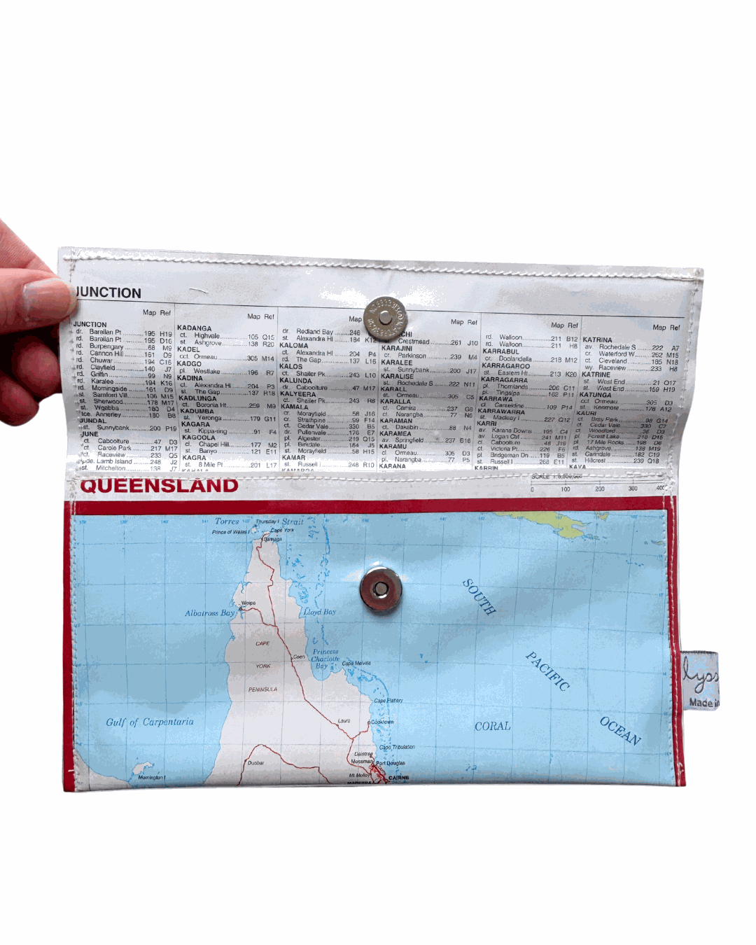 Lyssy May recycled map wallet of Queenslands. Inside view of wallet with index page lining and magnetic clip closure.