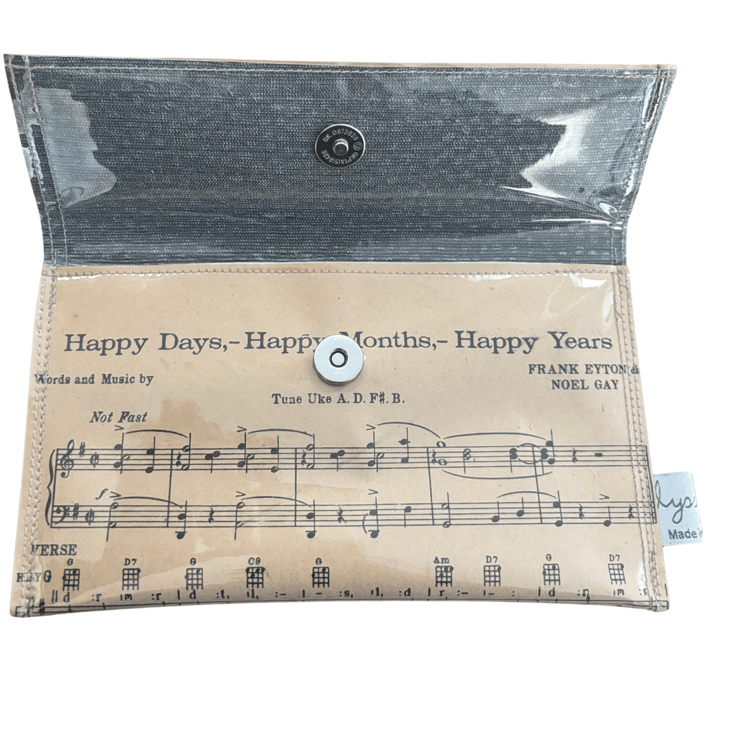 Wallet made from vintage sheet music from 1940s by Lyssy May Australia. Inside view showing music and lyrics and title. Lining is wallpaper and wallet closes with magnetic clip.
