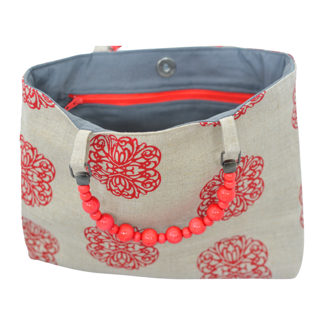 Iron Flowers Handprinted Natural Linen Shopper with Beaded Handles (Red)