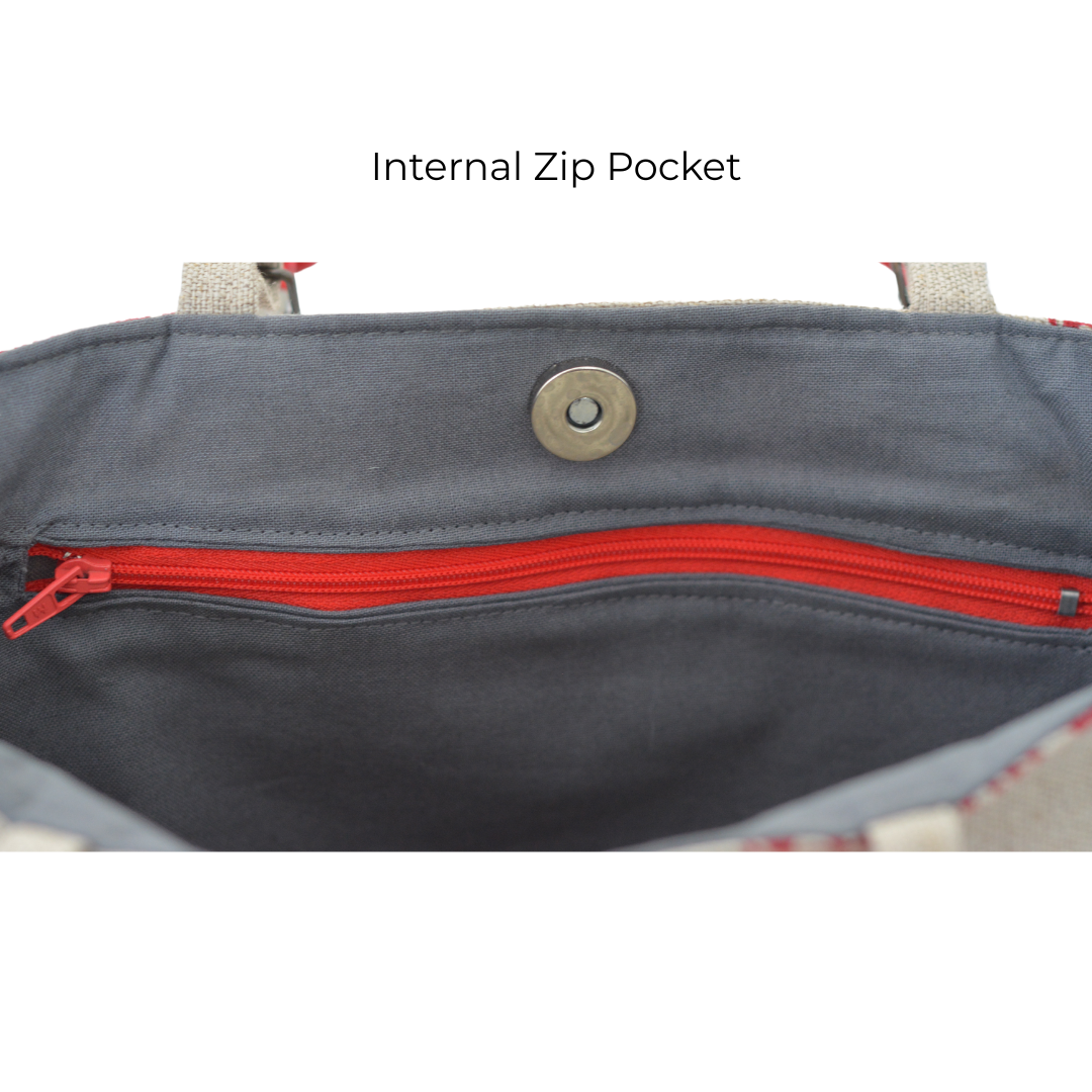 Iron Flowers Handprinted Natural Linen Shopper with Beaded Handles (Red)