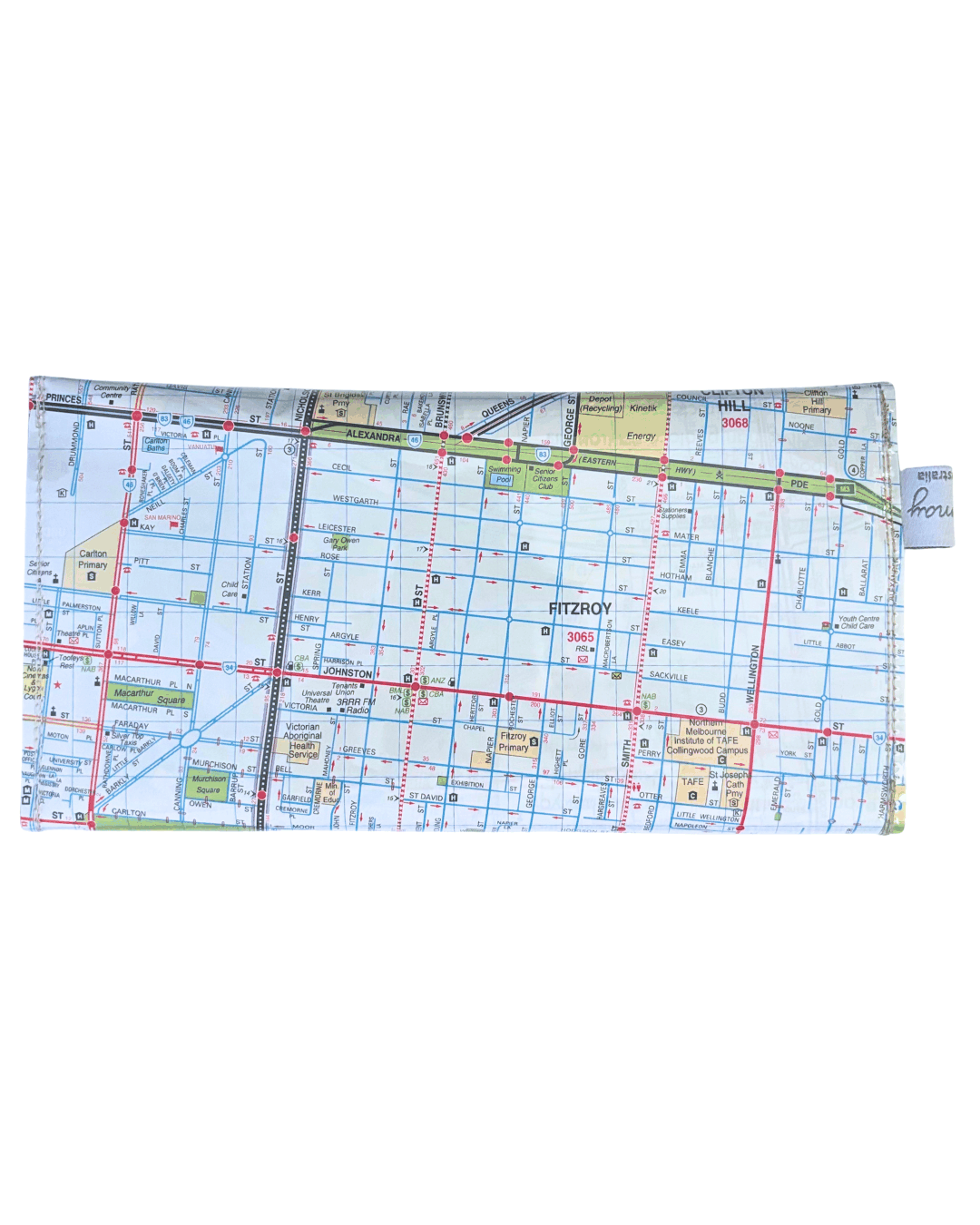 Map-patterned wallet on a white background