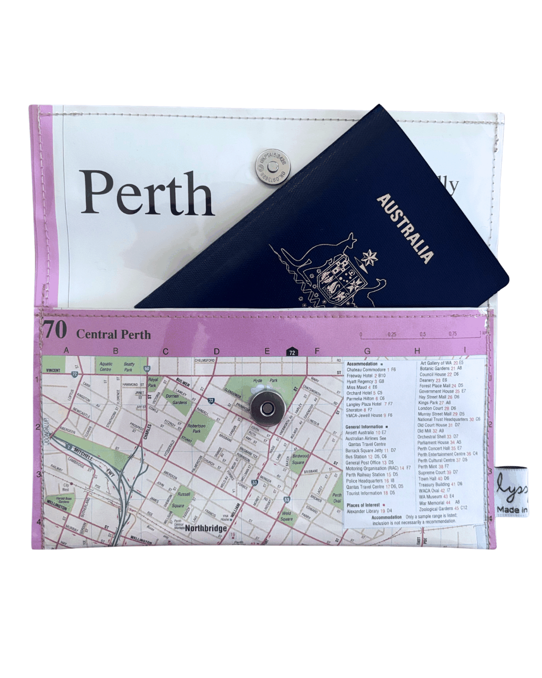 Recycled map wallets featuring NSW maps and South Australia regions
