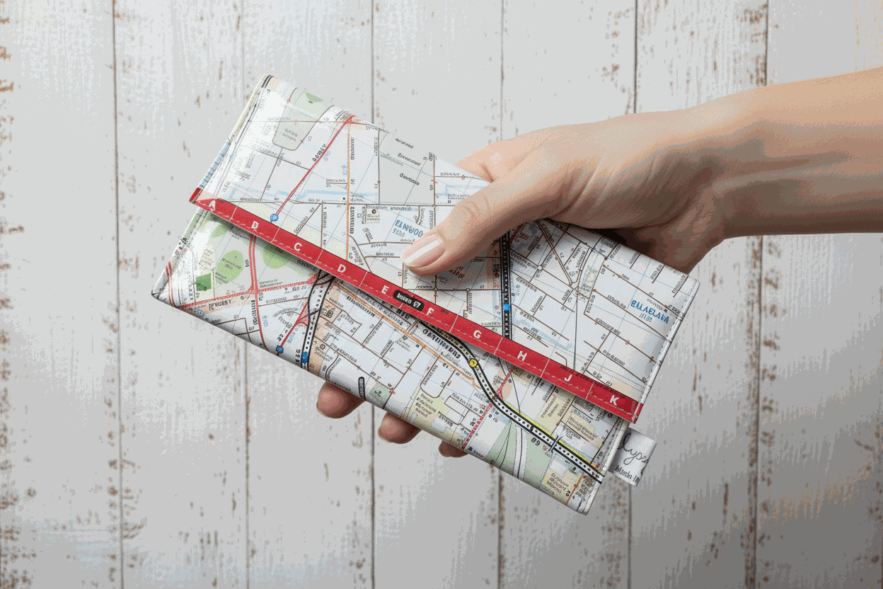 handmade wallet featuring original pages of street directories and road atlases