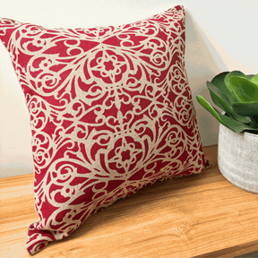Red Fretwork Cushion Cover on natural linen with architectural gable design, hand screen-printed on upholstery-weight fabric