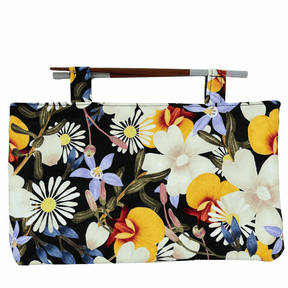 Handmade Garden Party Chopstick Handle Clutch Bag with floral cotton fabric and Japanese wooden chopstick handles