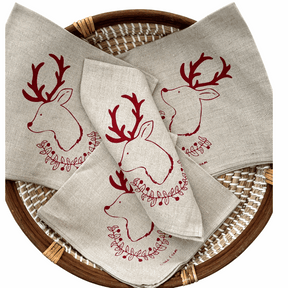 Set of 4 Christmas Deer and Garland Linen Napkins in red with eco-friendly screen print on natural linen