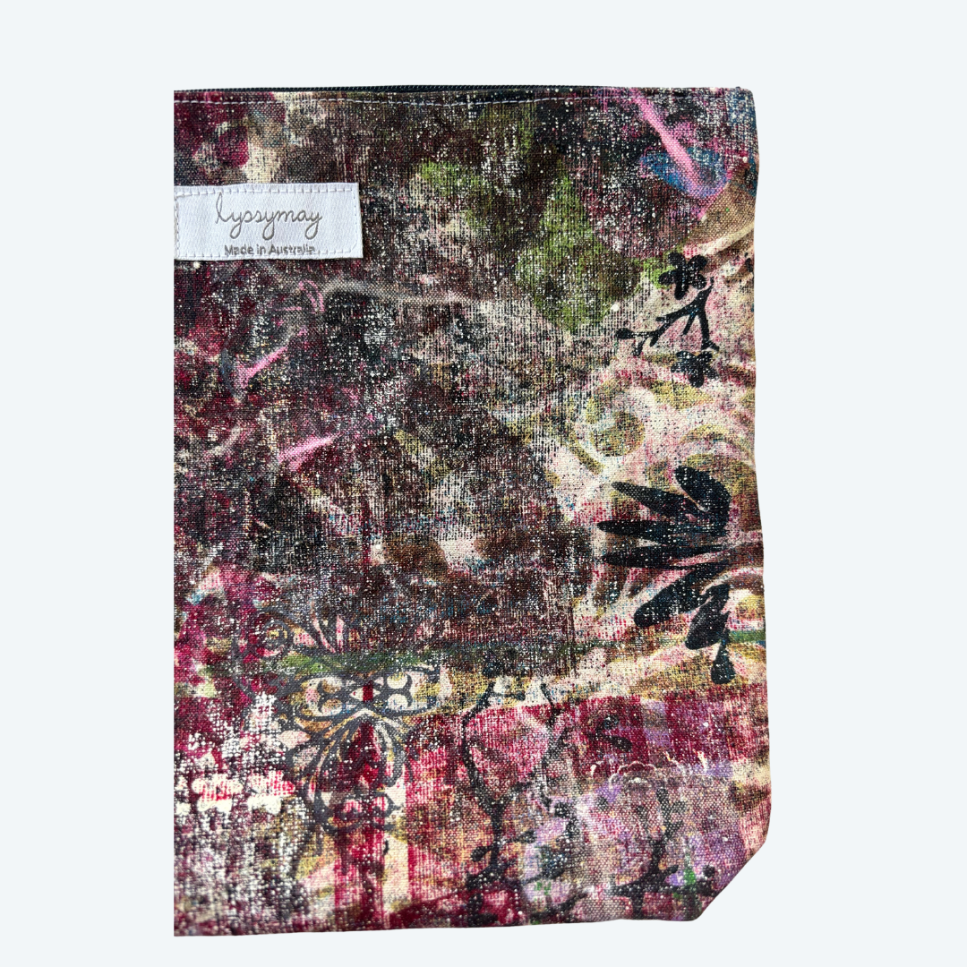 Handprinted Zip Purse : Fretwork and Flowers (large square)