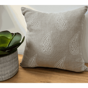 Paisley Parfait Cushion Cover handprinted in white on natural linen with eco-friendly inks