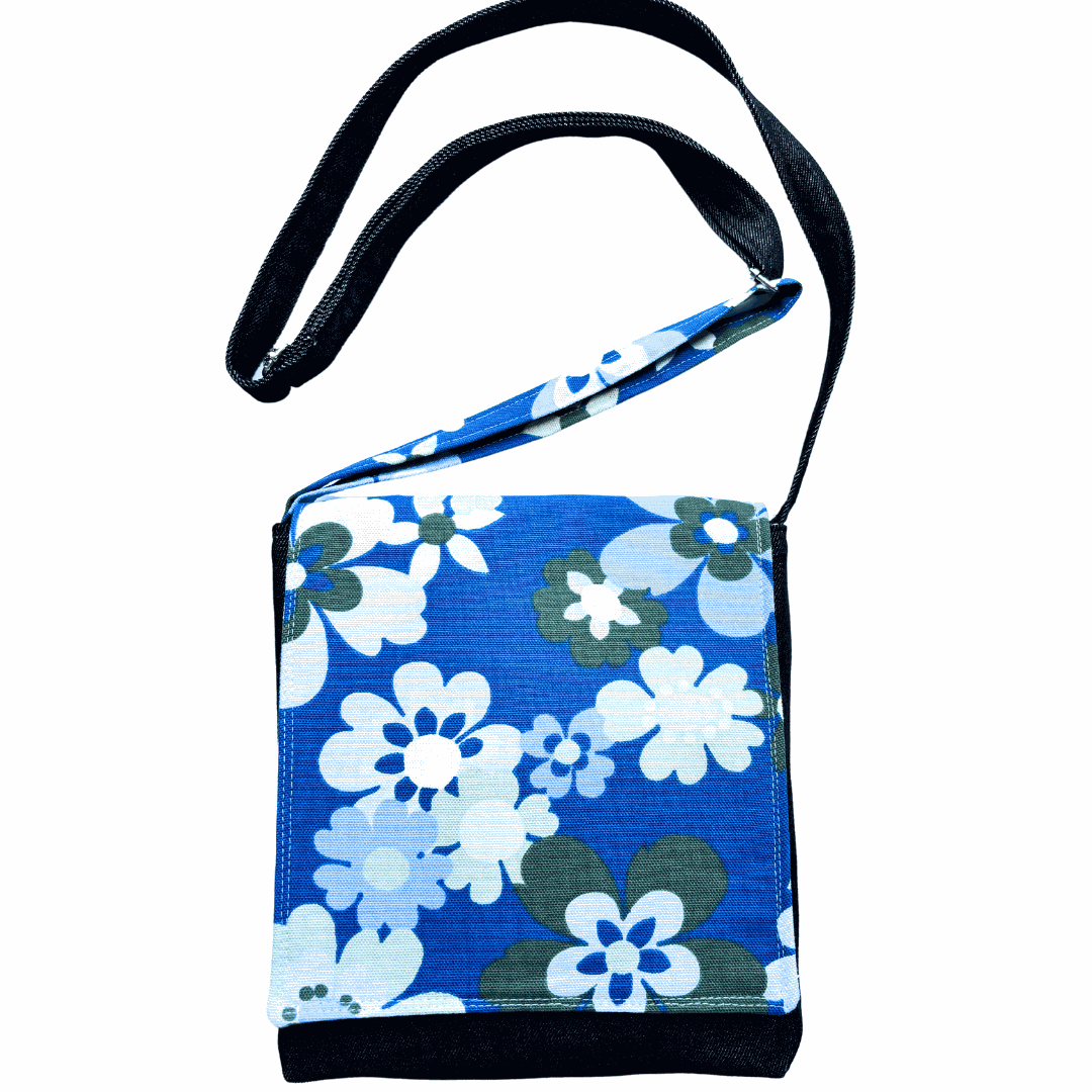 Fresh Flowers Cross Body dark denim satchel with floral print and adjustable strap