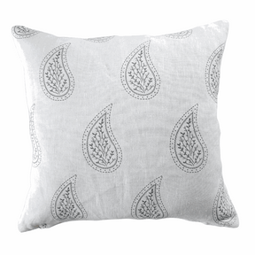 Grey Paisley Parfait Cushion Cover hand screen-printed on white organic linen with boho design