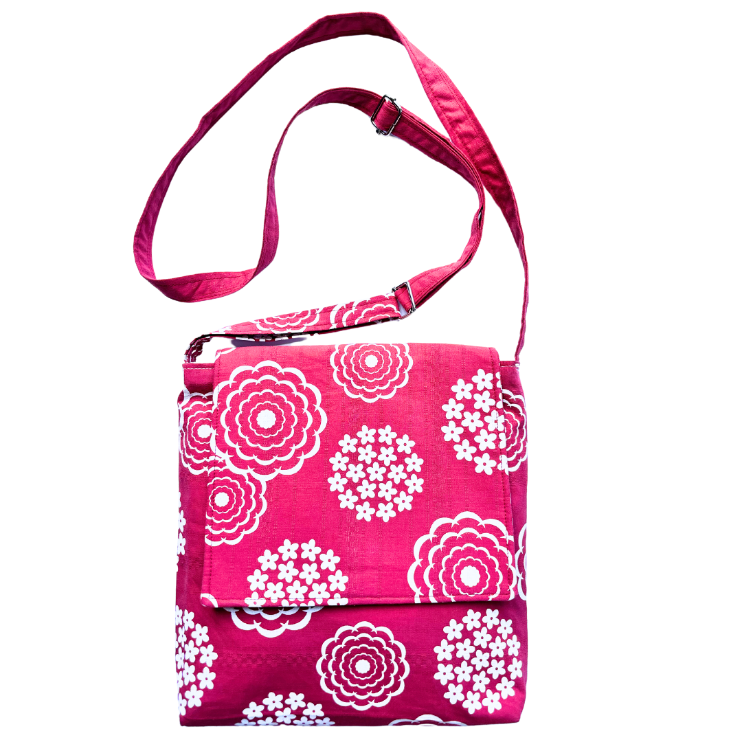 Cottage Garden Handprinted Cross Body Satchel in White and Rouge