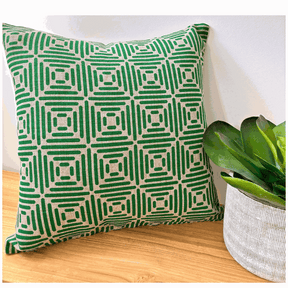 Diamond cushion cover hand-printed in emerald on natural eco-friendly linen with geometric pattern