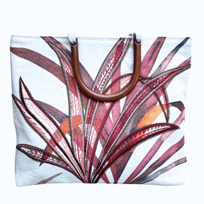 Port Douglas Days large red shopper bag with horseshoe handles and tropical leaf design