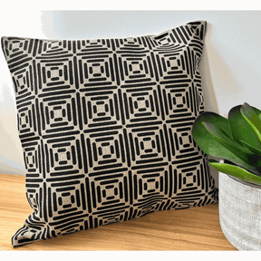 Diamond Cushion Cover hand printed in black on natural linen with eco-friendly inks