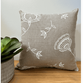 Bohemian Blooms cushion cover handprinted on natural linen with white floral design
