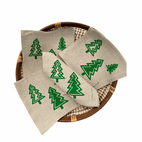 Set of 4 emerald green Christmas Trees Linen Napkins with handprinted fir tree design on natural linen