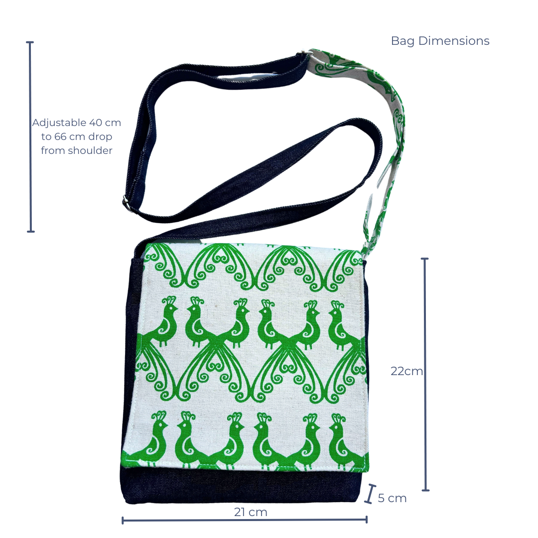 Peacocks in Green Cross Body Dark Denim Satchel
