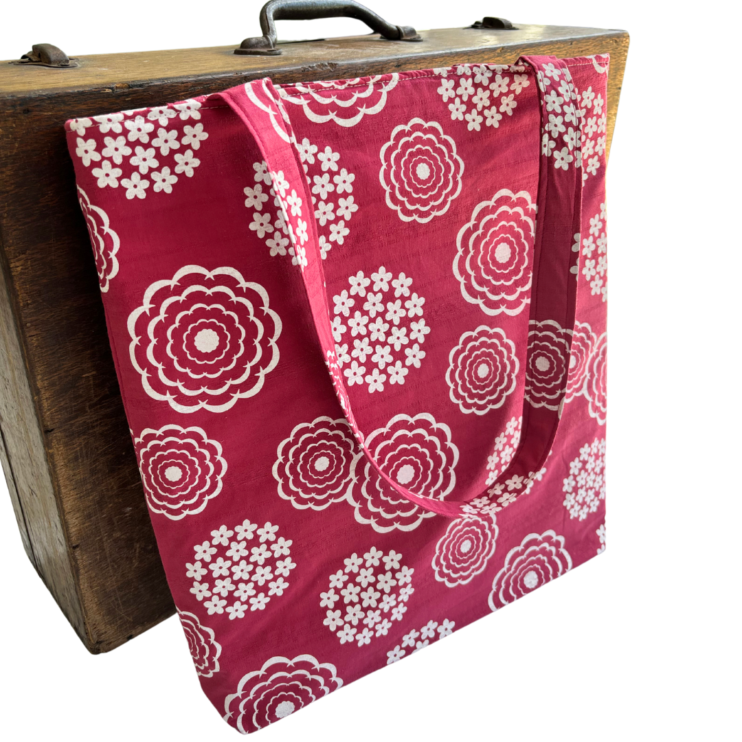Handprinted Cottage Garden Handmade Shoulder Bag in White and Rouge