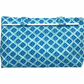 Noosa Escape Chopstick Handle Clutch Bag with blue and sea green block-printed fabric and white chopstick handles