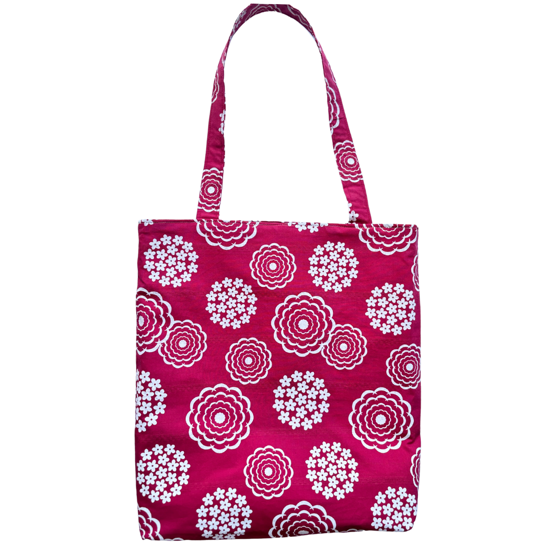 Handprinted Cottage Garden Handmade Shoulder Bag in White and Rouge