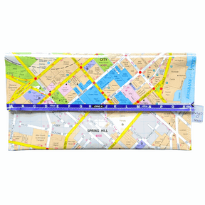 Recycled street map wallet made from Brisbane UBD directory featuring Spring Hill, Brisbane City Centre, and Fortitude Valley streets