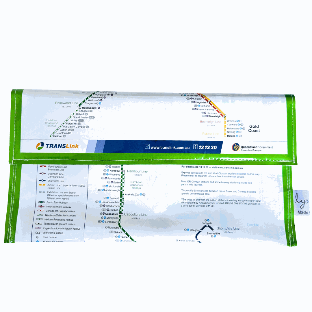 Recycled street map wallet featuring Citytrain Brisbane Network made from original Brisbane UBD map pages
