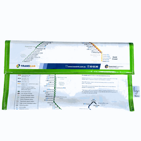 Recycled street map wallet featuring Citytrain Brisbane Network made from original Brisbane UBD map pages