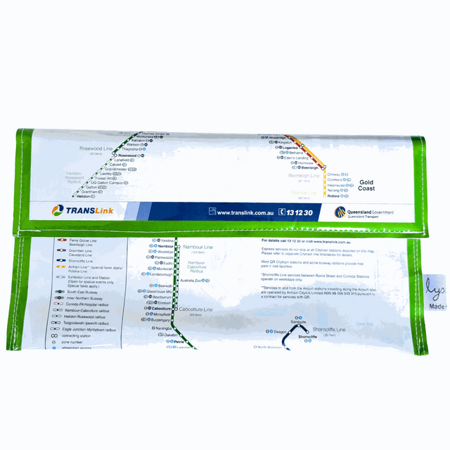 Recycled street map wallet featuring Citytrain Brisbane Network made from original Brisbane UBD map pages