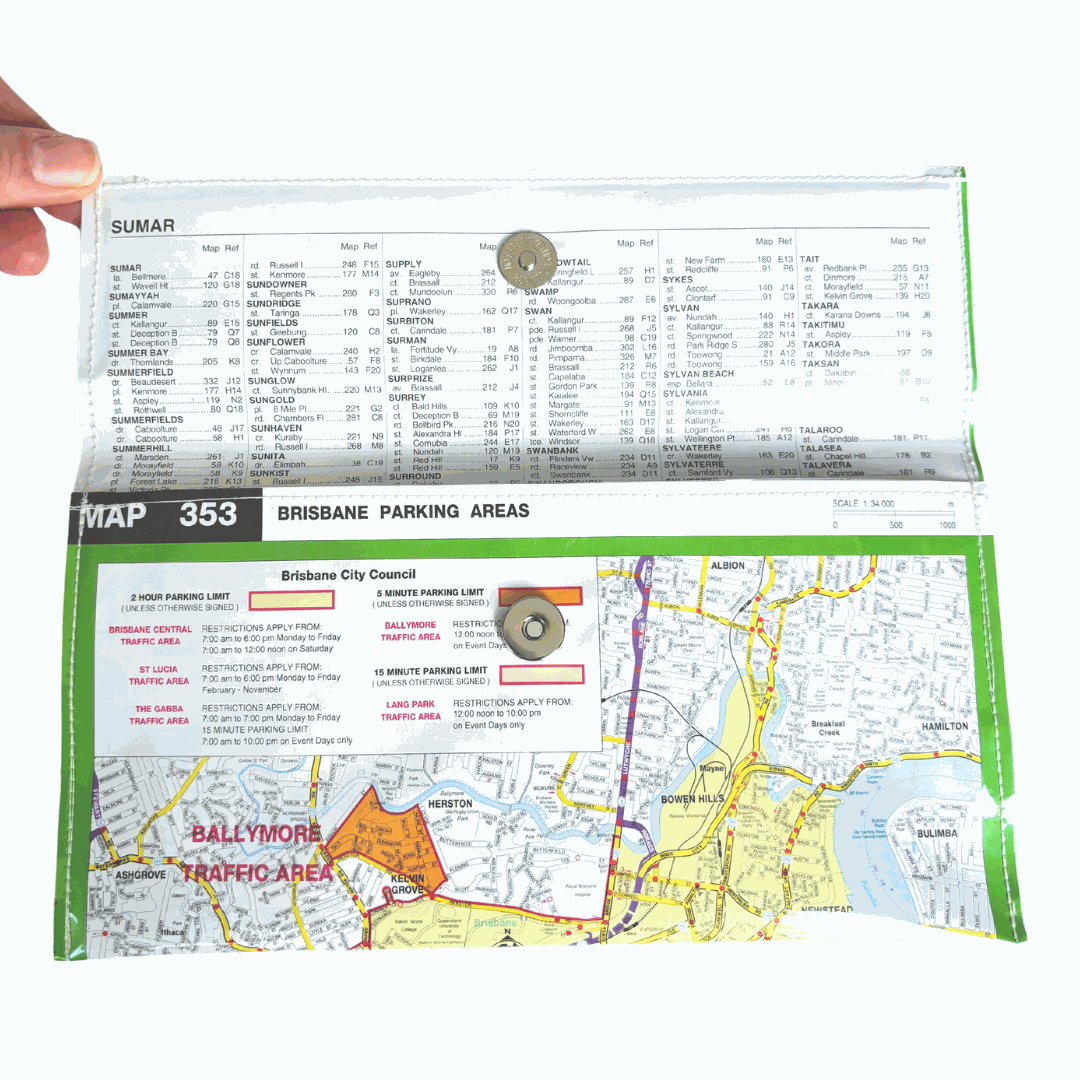 Recycled street map wallet featuring Brisbane parking areas with magnetic clip closure