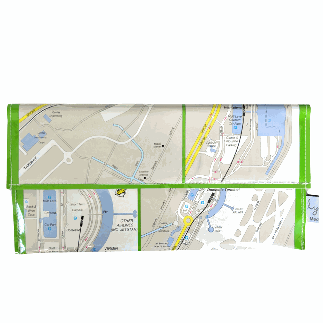 Recycled Street Map Wallet featuring Brisbane Airport maps made from vintage UBD street map pages with magnetic closure