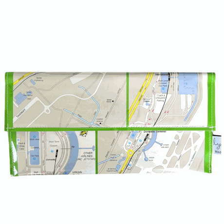 Recycled Street Map Wallet featuring Brisbane Airport maps made from vintage UBD street map pages with magnetic closure