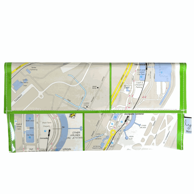 Recycled Street Map Wallet featuring Brisbane Airport maps made from vintage UBD street map pages with magnetic closure