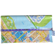 A wallet made out of a recycled Brisbane street map, featuring various colors representing different areas and roads, with a visible magnetic clip closure.