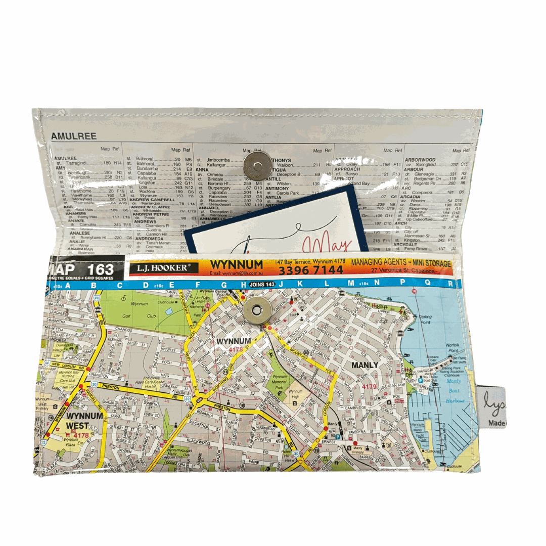Recycled Street Map Wallet - Wynnum, Manly, Lota, Wakerley, Ransome