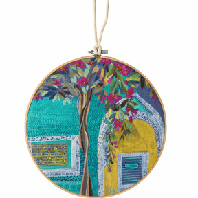 Evening in Morocco embellished fabric wall hanging with seed beads and bamboo hoop