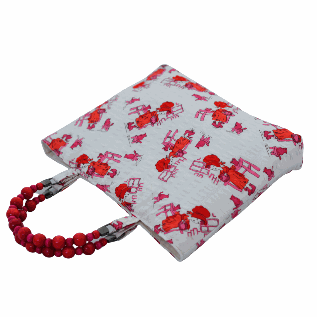 Busy Baking Vintage Fabric Shopper with Beaded Handles (Red/Pink)