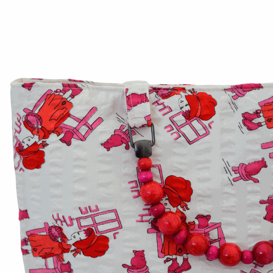 Busy Baking Vintage Fabric Shopper with Beaded Handles (Red/Pink)