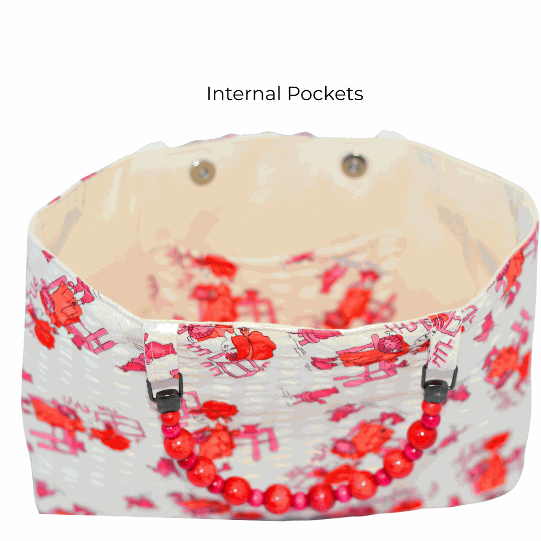 Busy Baking Vintage Fabric Shopper with Beaded Handles (Red/Pink)