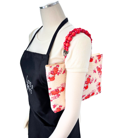 Busy Baking Vintage Fabric Shopper with Beaded Handles (Red/Pink)