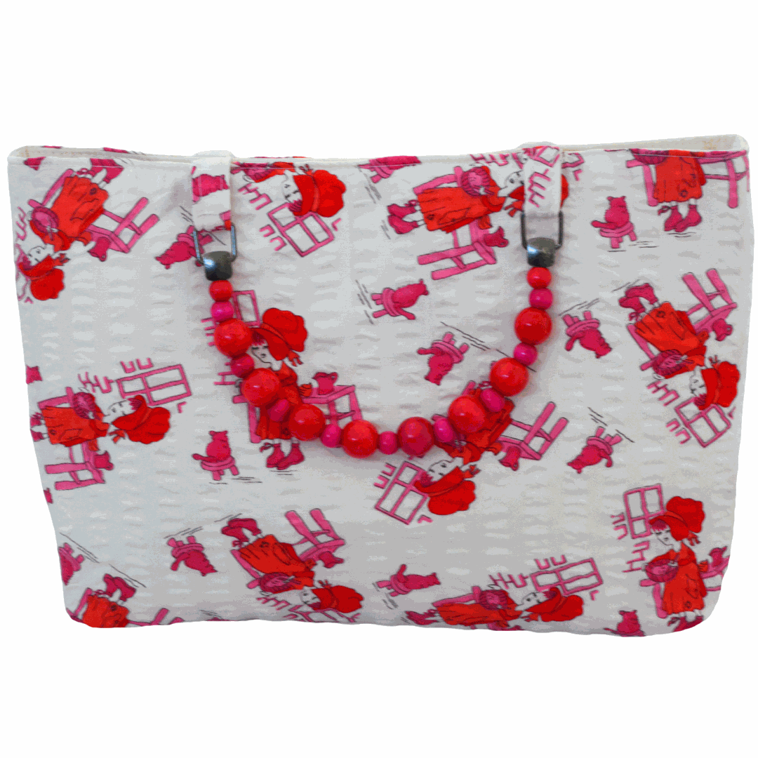 Busy Baking Vintage Fabric Shopper with Beaded Handles (Red/Pink)