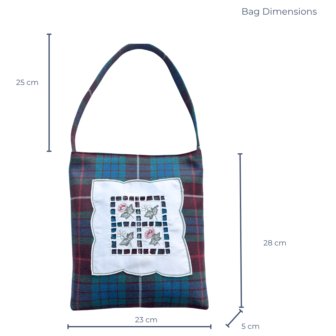 Fraser Tartan Bag – Embroidered Doily Pocket & Shoulder Strap